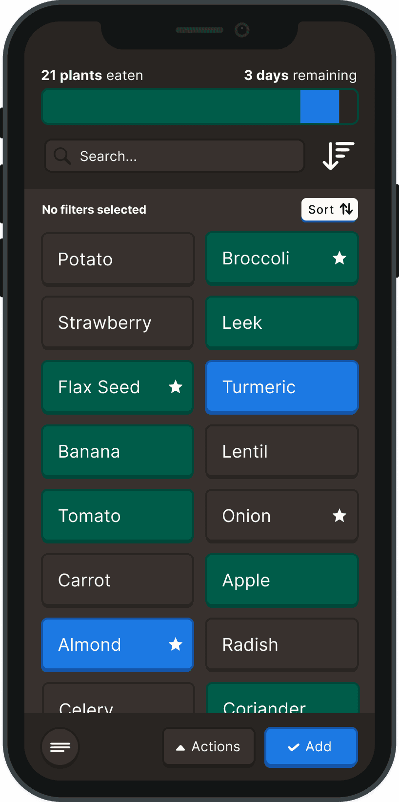 The Thirty Plants app in dark mode, showing a week's plant variety progress