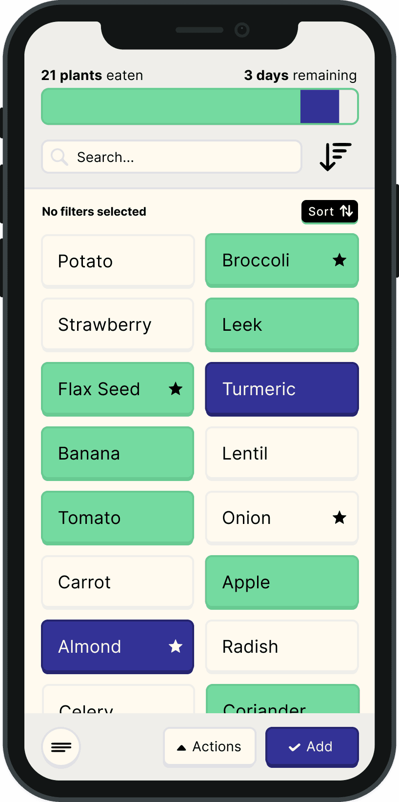 The Thirty Plants app showing a week's plant variety progress